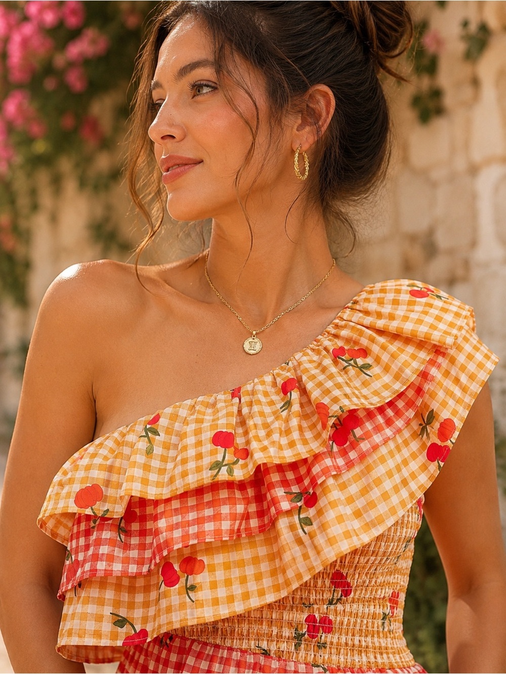 FARM Rio Anthropologie Cherry Gingham One Shoulder Ruffle Tiered Mini Dress XS - Picture 3 of 9